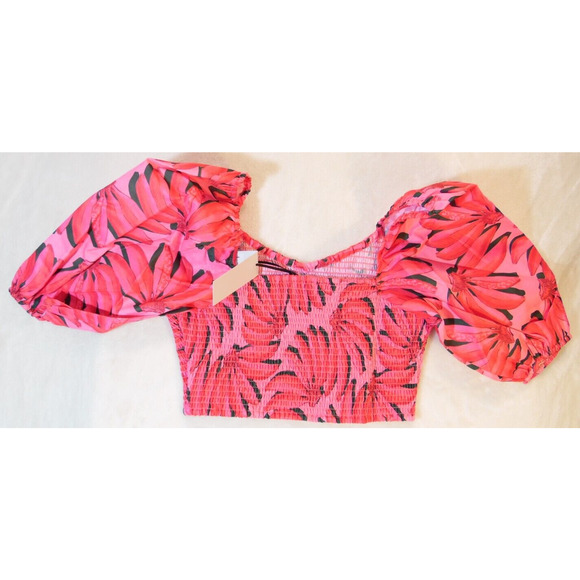 HT360 Top Womens 2XL Fuchsia Cropped Smocked Puff Sleeve Floral 139$ - Picture 3 of 9